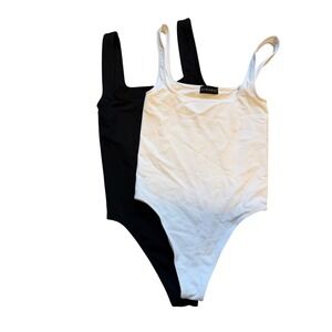 Dynamic Square Neck Tank Bodysuit Set Black White Thong Snap Gusset 2 Pack